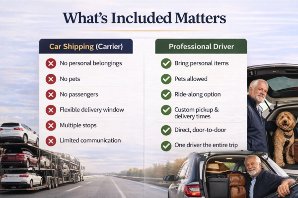 car shipping vs professional driver comparison what is allowed in vehicle transport