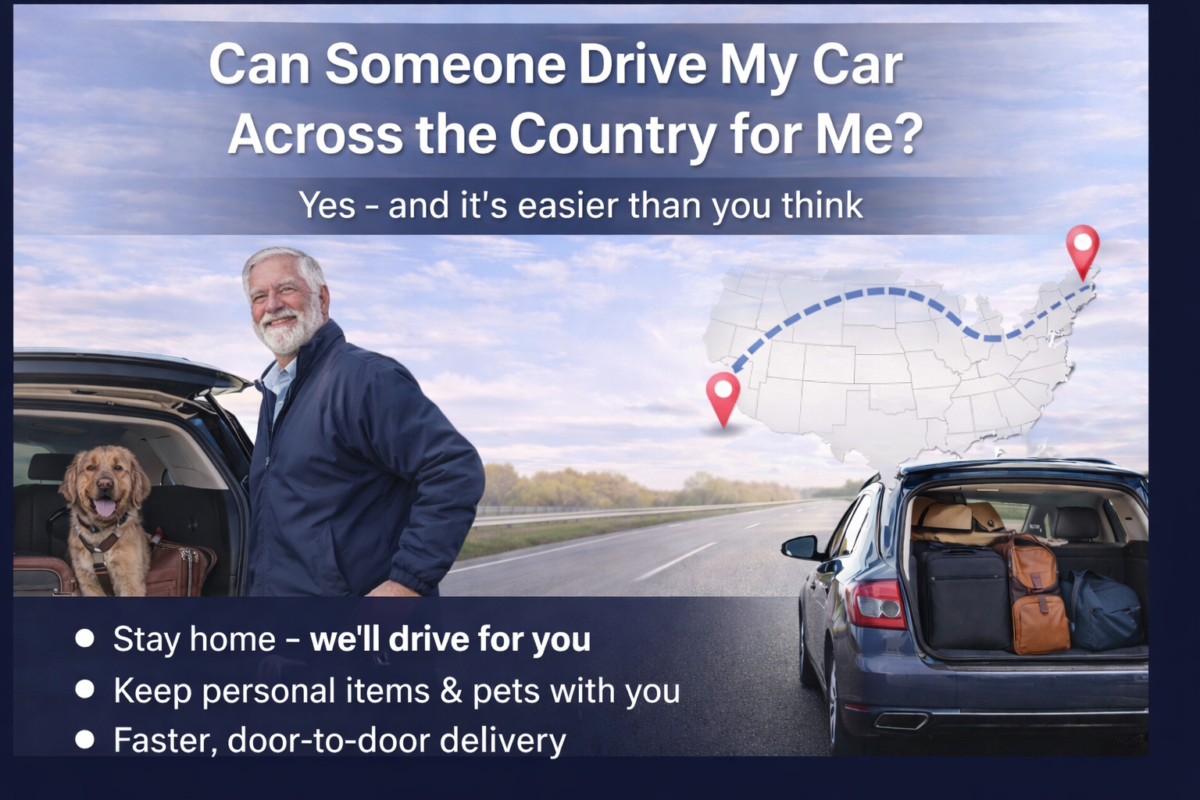 Professional driver standing next to a packed car with luggage and a dog, illustrating door-to-door ride along car transport service across the country