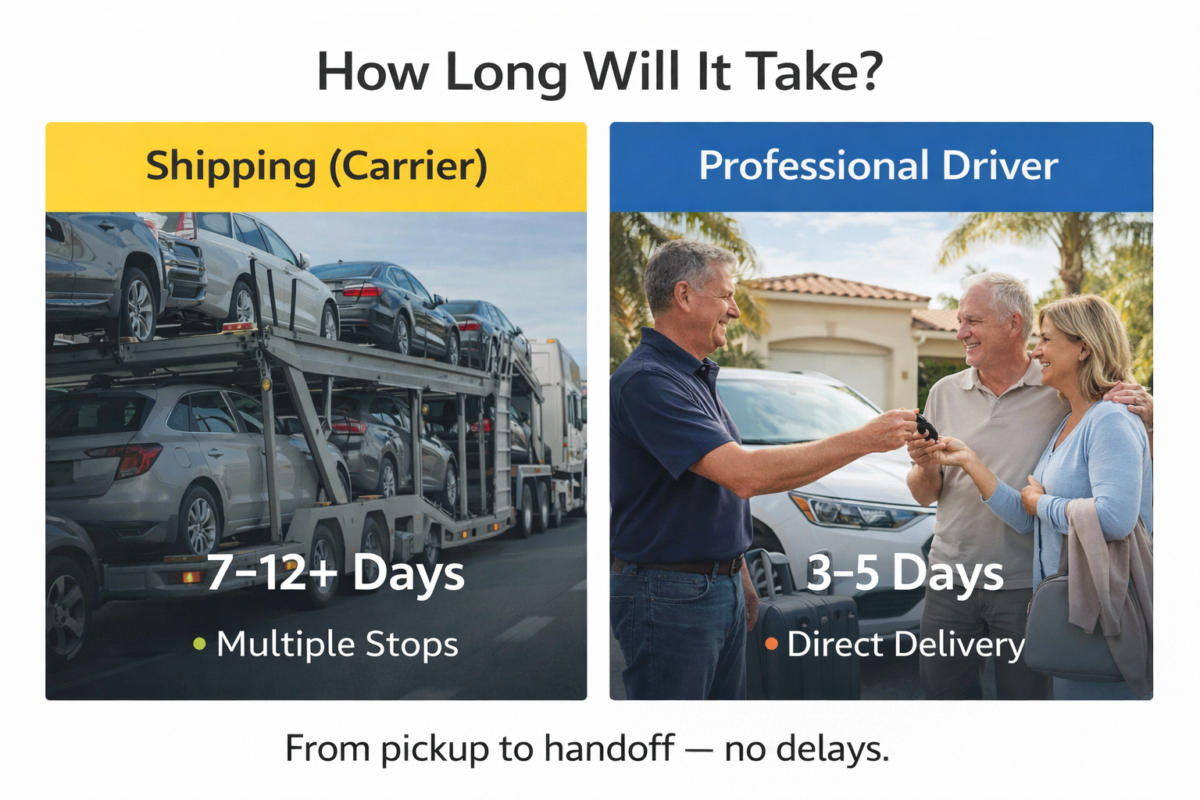 how long does it take to ship a car vs professional driver handing keys to snowbird couple timeline comparison