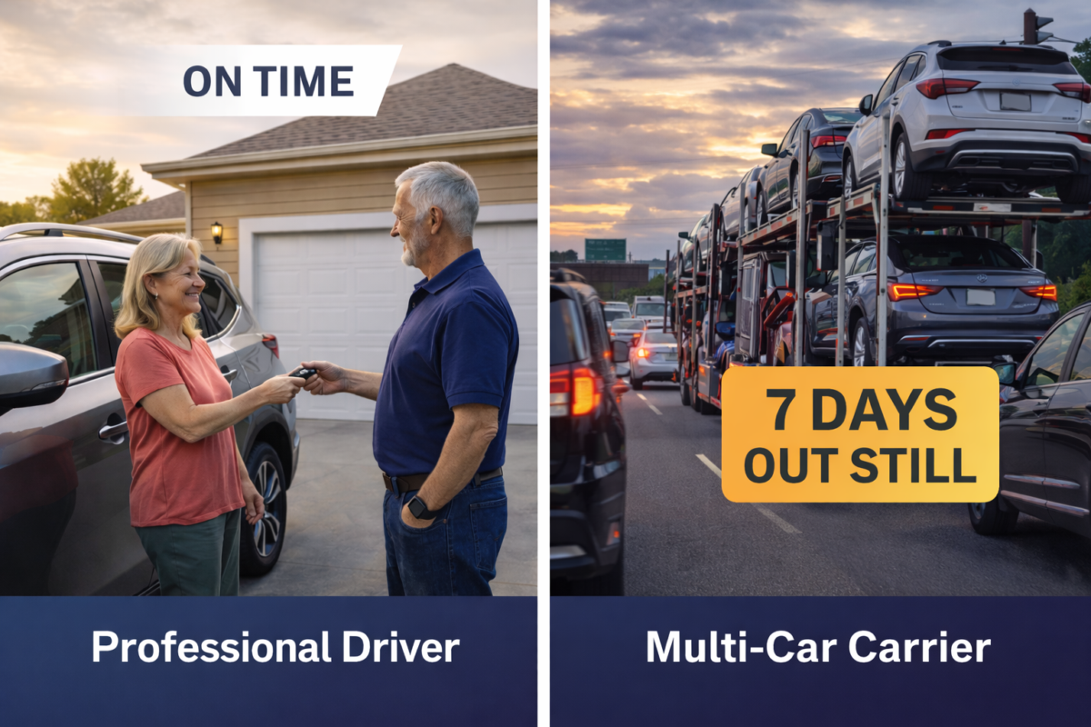 Professional driver delivering a vehicle cross country with direct door to door car transport service