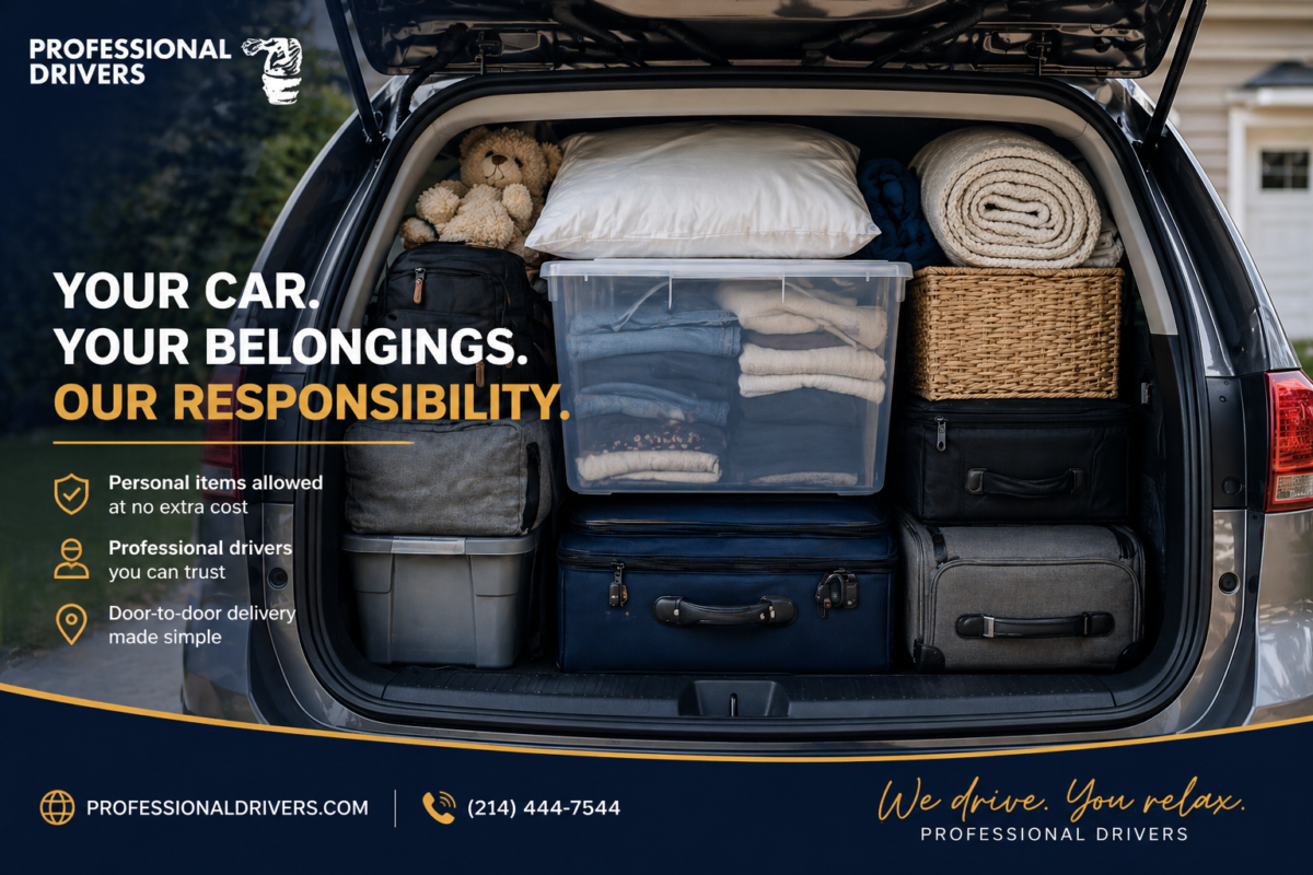 packed car trunk with personal belongings for vehicle transport by Professional Drivers