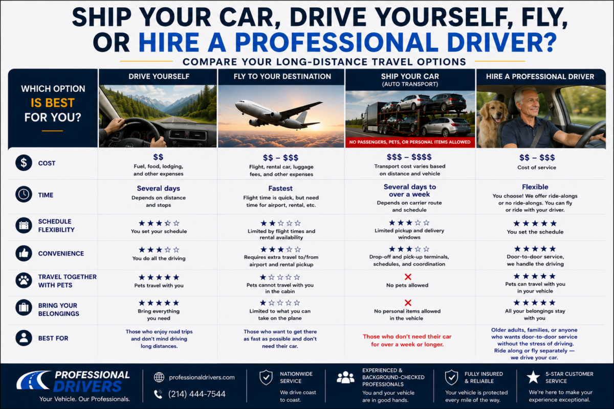Professional driver vs car shipping comparison chart showing travel options for long-distance vehicle transportation