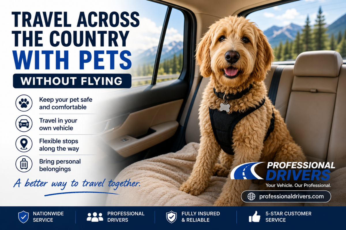 Dog traveling comfortably in a car during long-distance pet travel across the country without flying