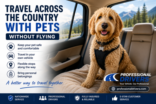 Dog traveling comfortably in a car during long-distance pet travel across the country without flying
