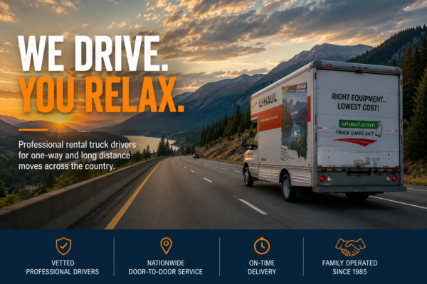 Professional rental truck driver driving a 26-foot moving truck across the country during a long-distance relocation.