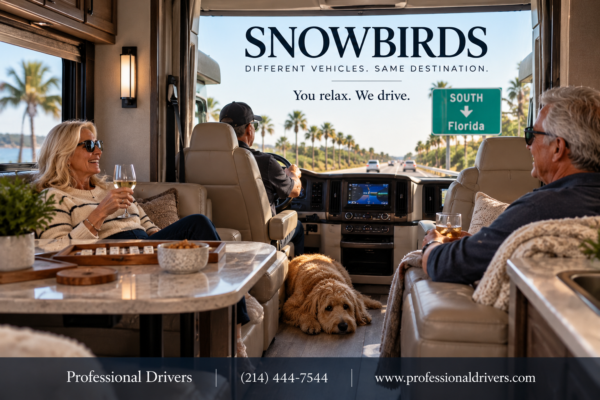 Professional driver driving a snowbird couple in their RV while they relax during long-distance travel
