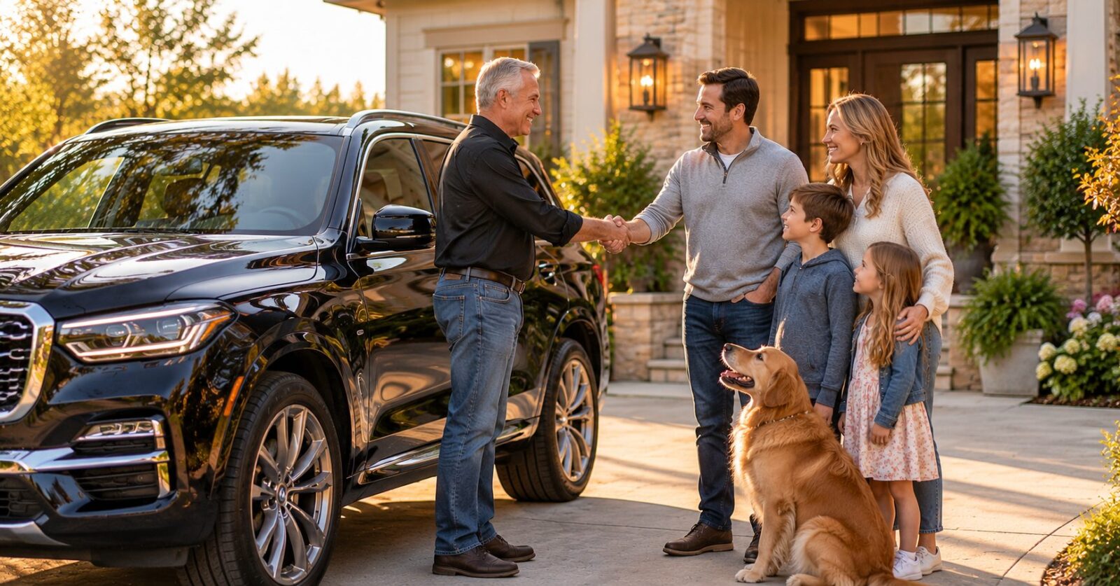 Professional driver shaking hands with a family after delivering their car to their home, a car shipping alternative