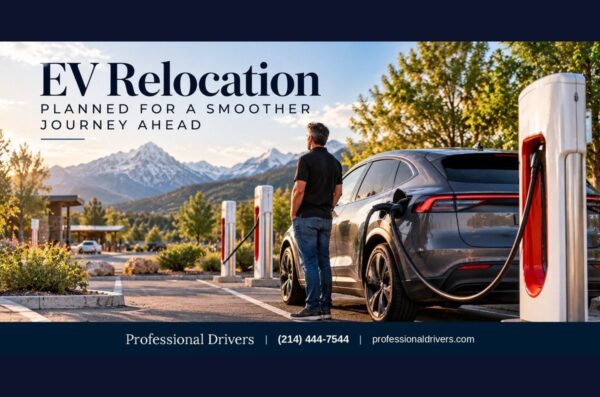 Driver charging an electric car at a Supercharger during a cross-country EV relocation with Professional Drivers