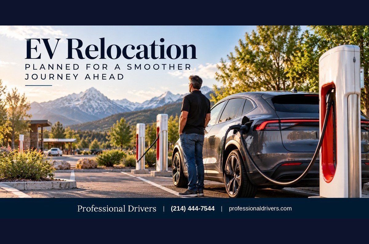 Driver charging an electric car at a Supercharger during a cross-country EV relocation with Professional Drivers