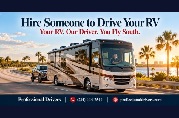 Hire someone to drive your RV south for the winter with a Professional Drivers driver towing your car