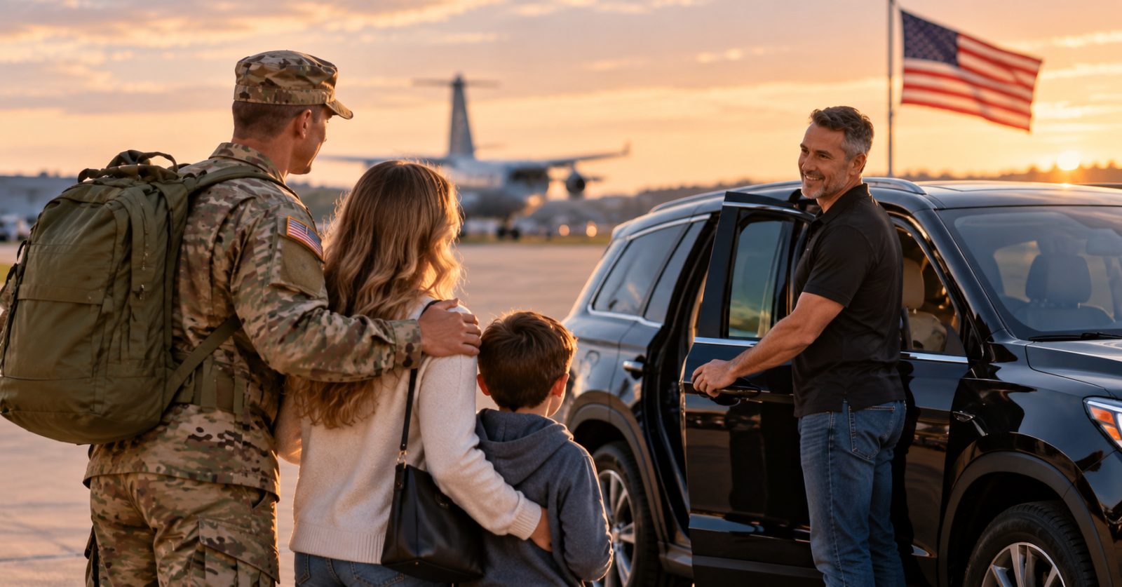 Military family meets their Professional Drivers driver beside their SUV before flying to a new base
