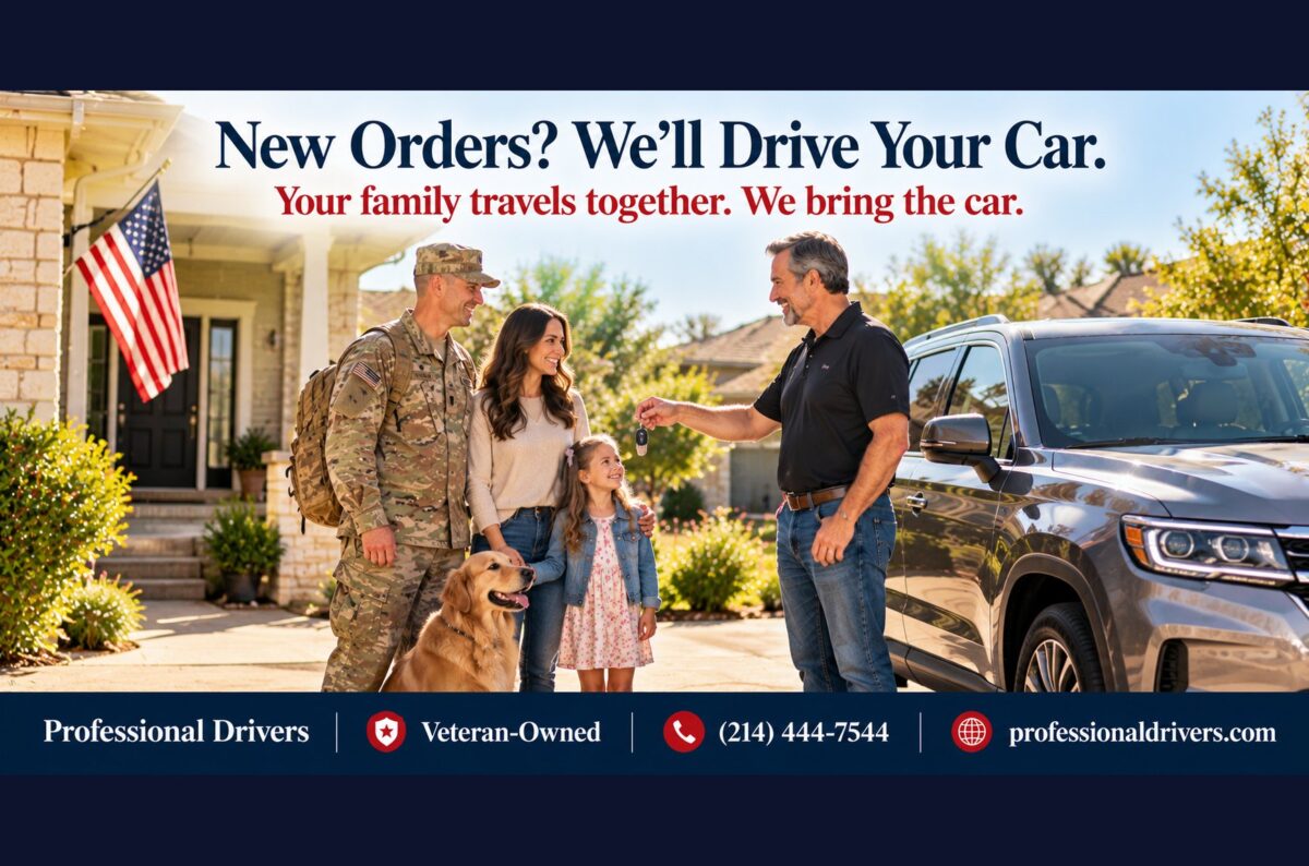 Military family receiving their car from a Professional Drivers driver at their new home near their new duty station