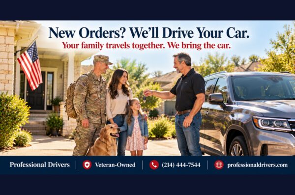Military family receiving their car from a Professional Drivers driver at their new home near their new duty station